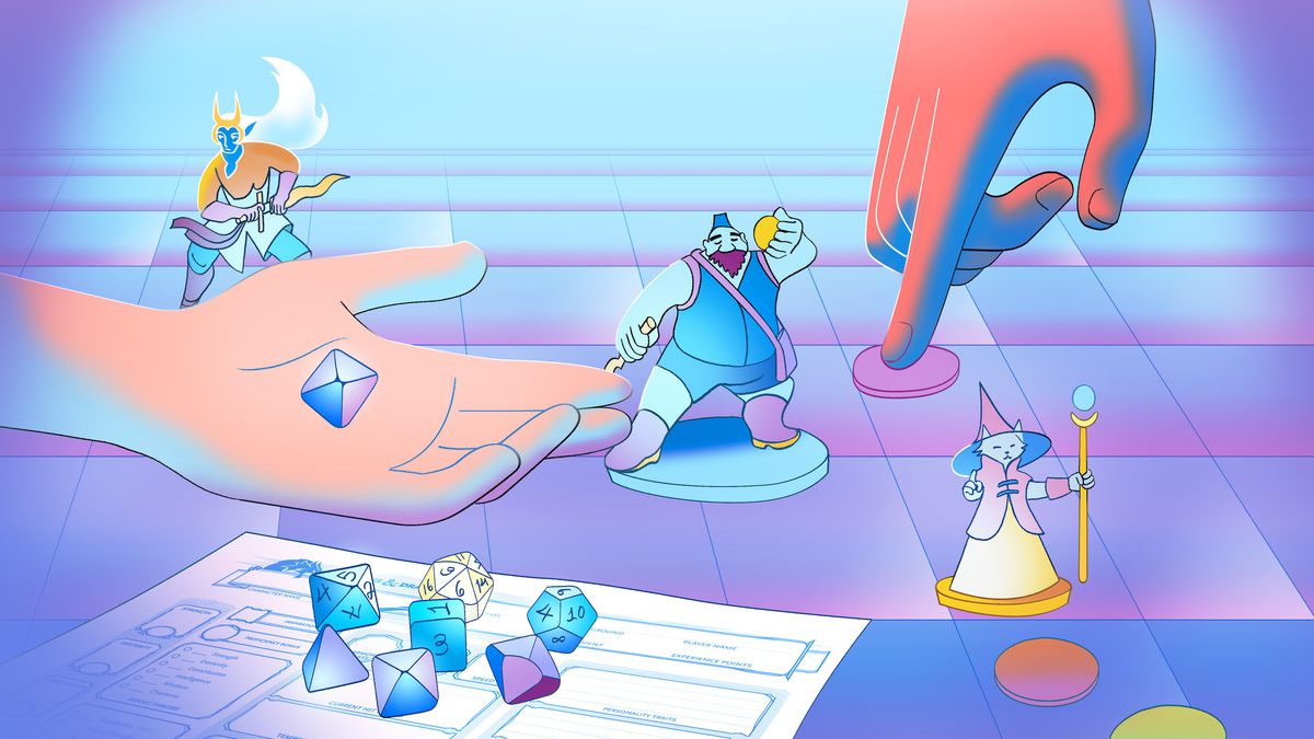Close crop in of a hand holding a multi-side gaming die. There is a pile of different dice sitting on a piece of paper that is used to keep score. In the background, there are figurines of different magical-looking characters, and various round playing pieces.