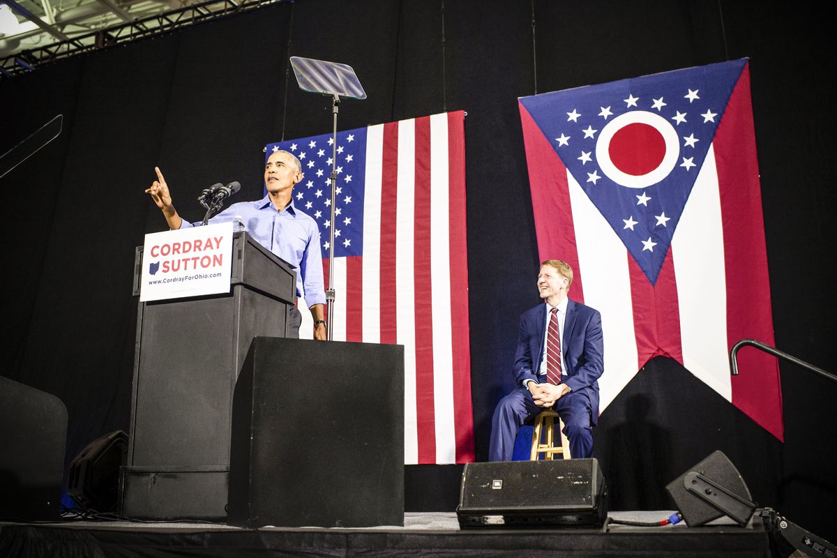 Former President Barak Obama speaks during a campaign rally for Ohio Gubernatorial candidate Richard Cordray (rgith) on September 13, 2018 in Cleveland, Ohio.