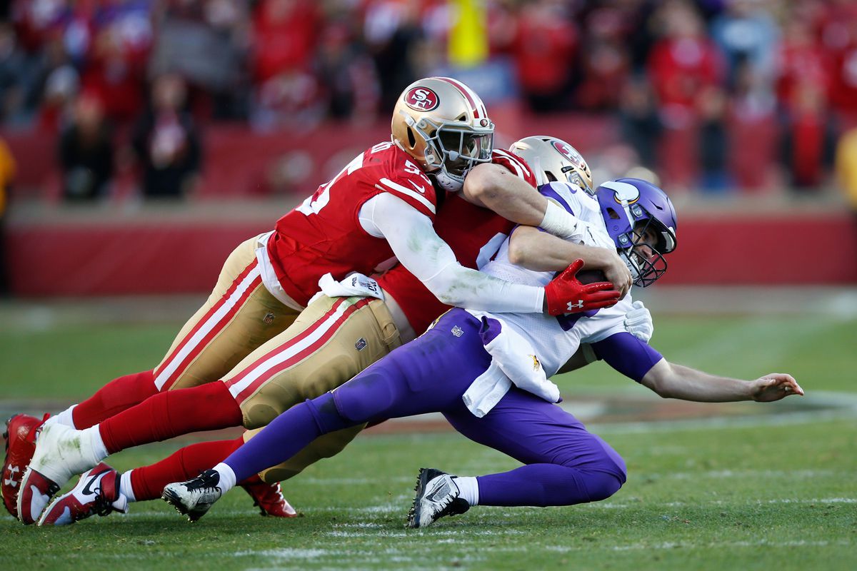 Dee Ford #55 and Nick Bosa #97 of the San Francisco 49ers sack Kirk Cousins #8 of the Minnesota Vikings during the game at Levi’s Stadium on January 11, 2020 in Santa Clara, California.
