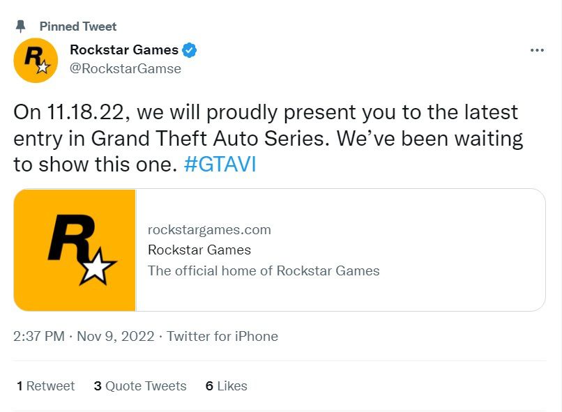 A Tweet from “RockstarGamse” announcing a fictional showcase for blockbuster title Grand Theft Auto 6
