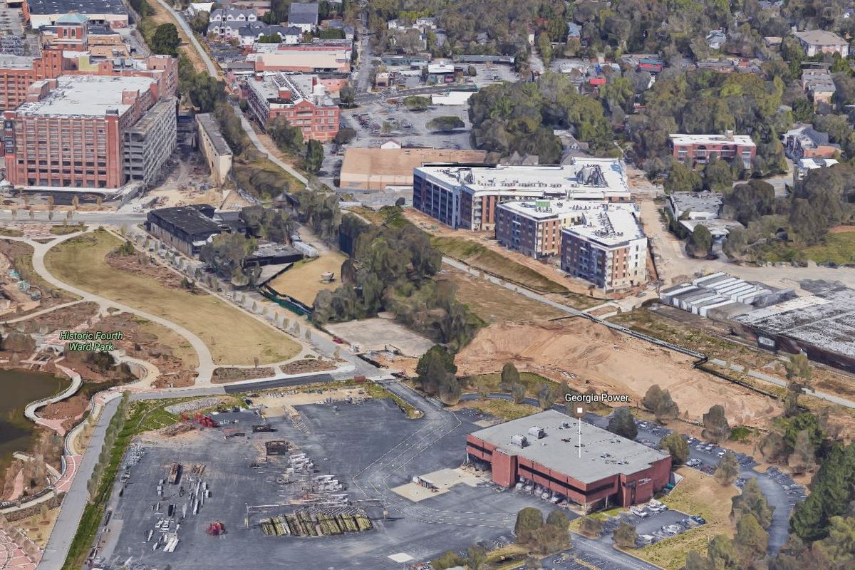 An aerial view of the Eastline site looking north, with Historic Fourth Ward Park, the Masquerade, Ponce City Market, the Beltline, and the 725 Ponce site.