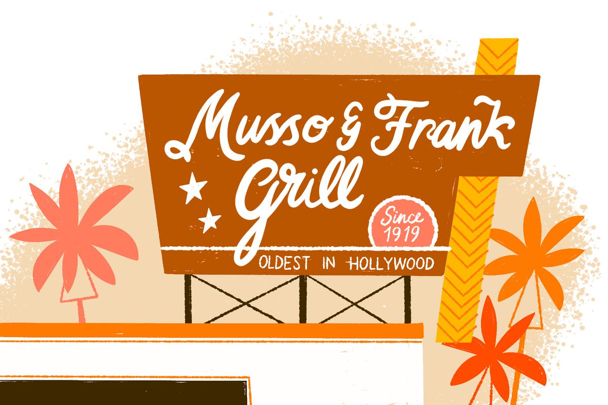 An brown geometric Musso &amp; Frank Grill sign on a building top surrounded by abstract palm trees. Illustration.