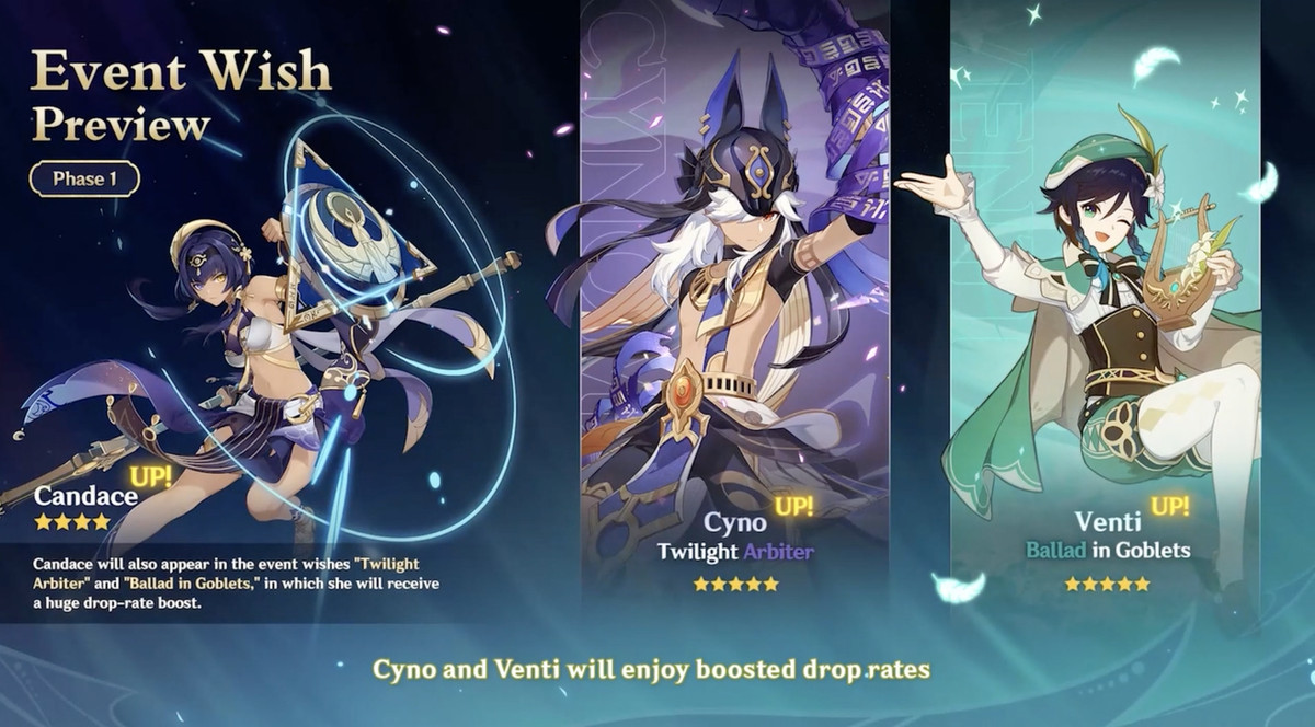 An image showing all the characters you can want in the first banner phase for Genshin Imapct update 3.1.  You can wish on Cyno and Venti, and Candace will be on both of their banners. 