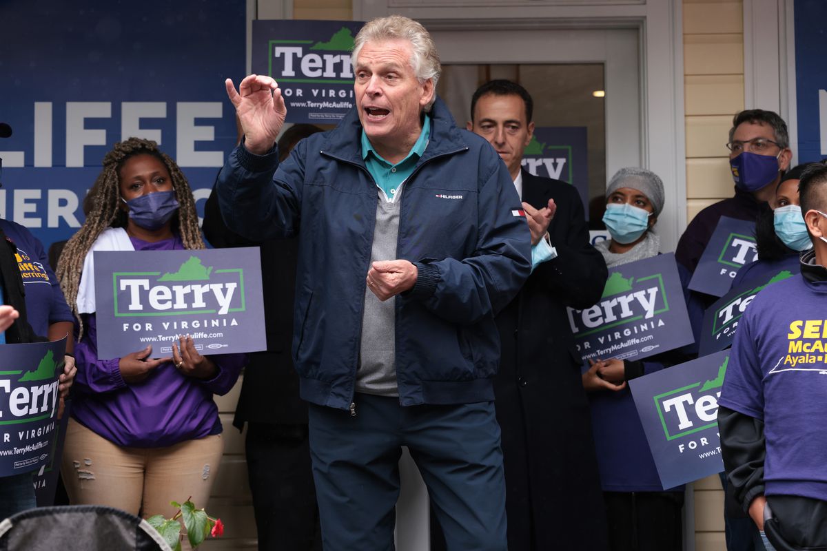 Democratic gubernatorial candidate, former Virginia Gov. Terry McAuliffe speaks to supporters during a Canvass Kickoff event on November 02, 2021 in Falls Church, Virginia. Virginia and New Jersey hold off-year elections today in the first major elections since U.S. President Joe Biden’s victory in 2020. Virginia’s gubernatorial race pits Republican candidate Glenn Youngkin against Democratic gubernatorial candidate, former Virginia Gov. Terry McAuliffe.
