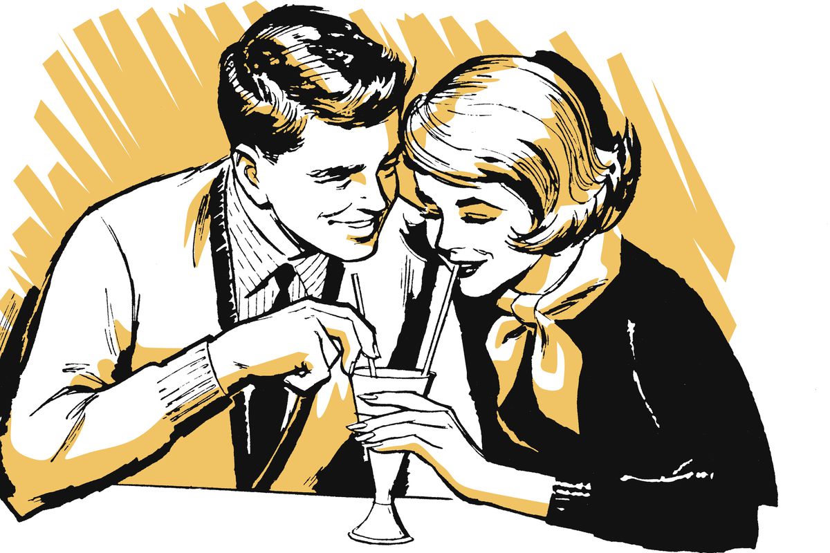 A drawing of a 1950s-era young man and woman sharing a fountain soda.