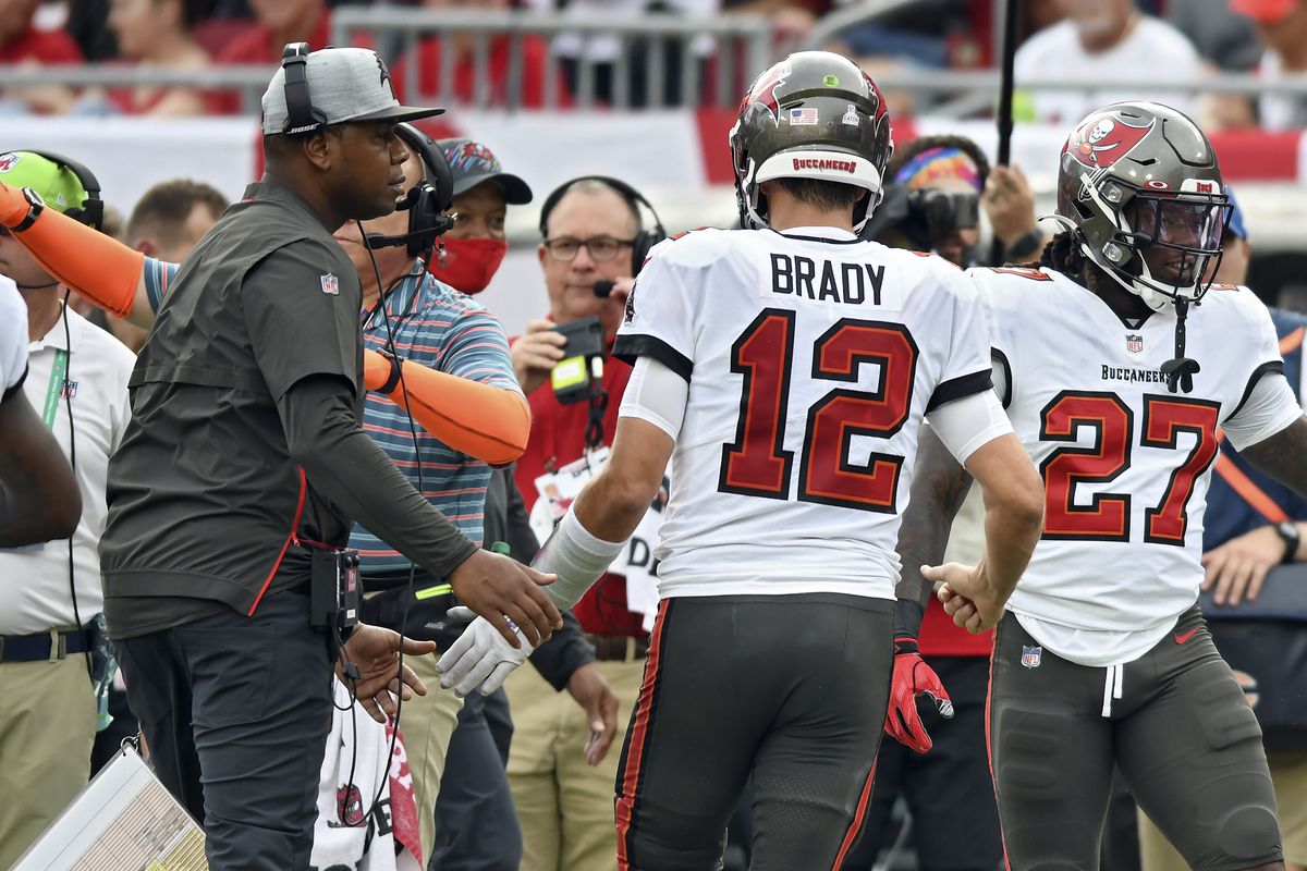 Buccaneers offensive coordinator Byron Leftwich (left, with quarterback Tom Brady), is expected to be in the running for a head coaching job after this season. 