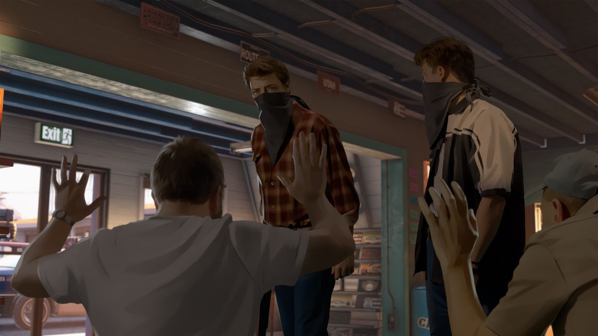 two characters kneeling on the ground holding up their hands, looking up at the two men holding them hostage, who are wearing bandannas over their faces, in As Dusk Falls