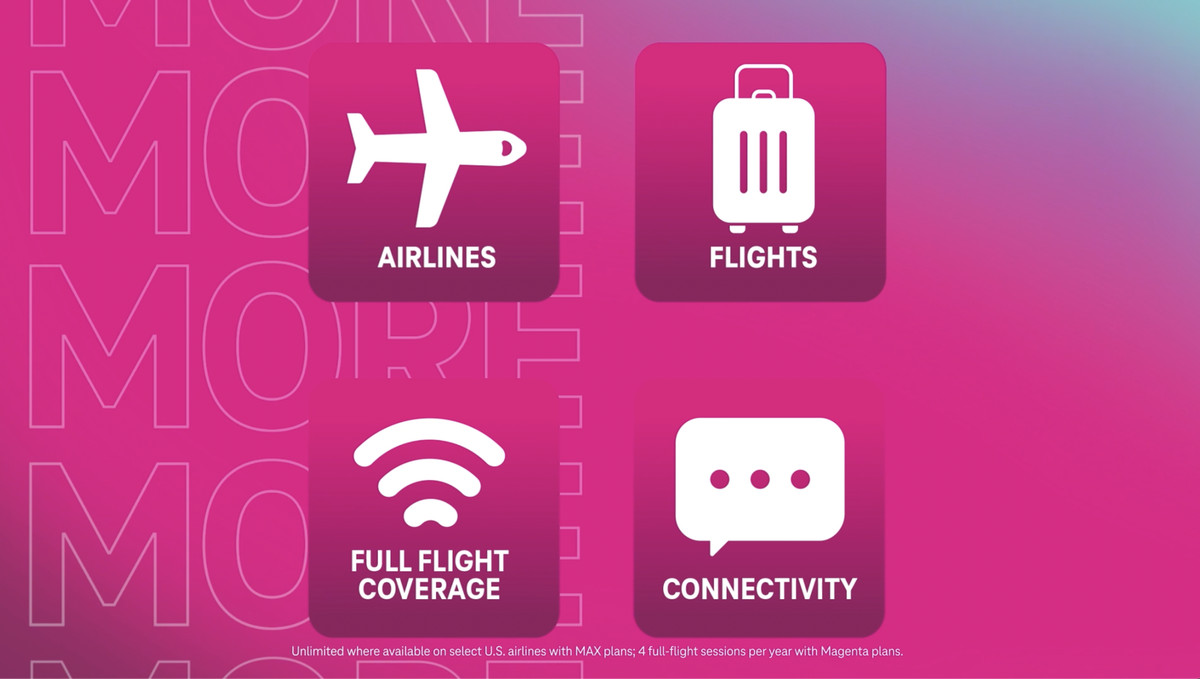 Slide from T-Mobile saying that it’s offering coverage for more airlines, flights, and improving connectivity