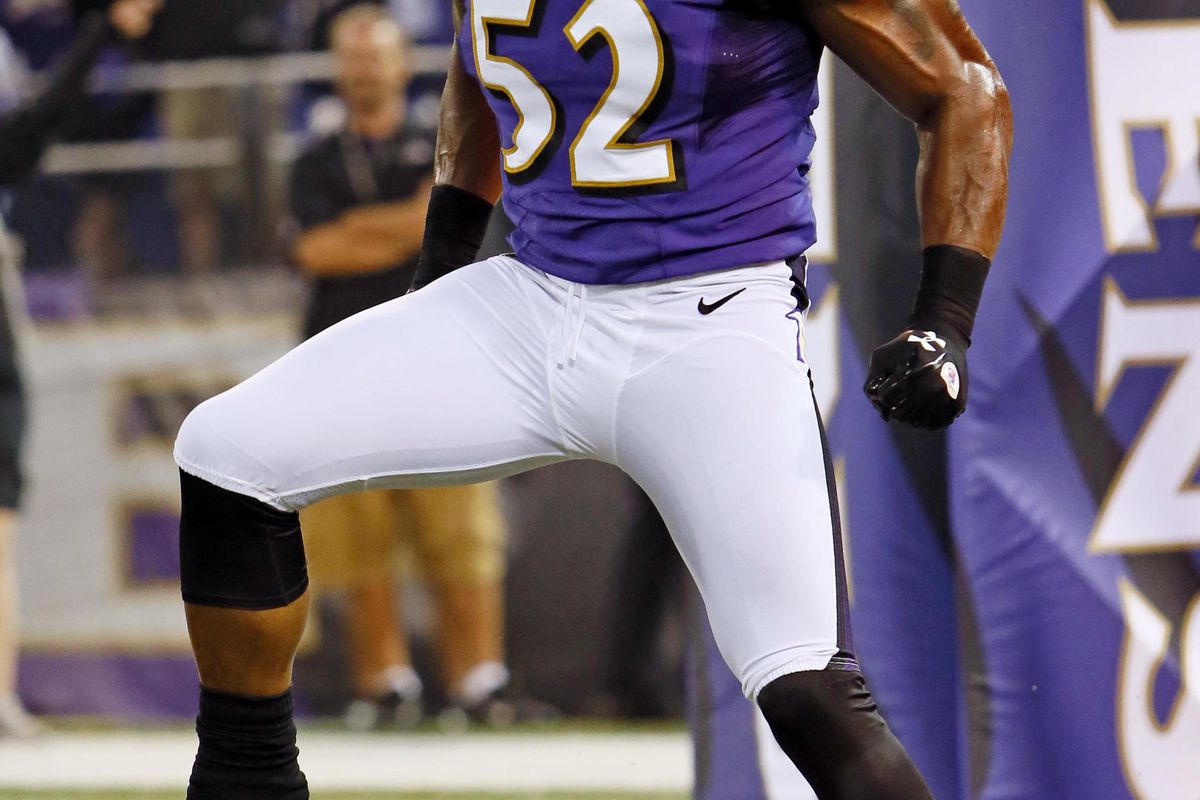 August 17, 2012; Baltimore, MD, USA; Baltimore Ravens linebacker Ray Lewis (52) dances prior to their preseason game against the Detroit Lions at M&T Bank Stadium. Mandatory Credit: Mitch Stringer-US PRESSWIRE