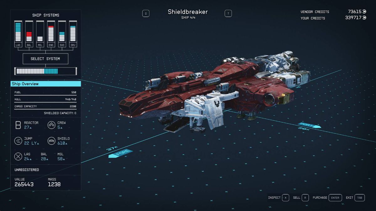 A menu shows the design and stats for the Shieldbreaker, one of the best ships in Starfield.