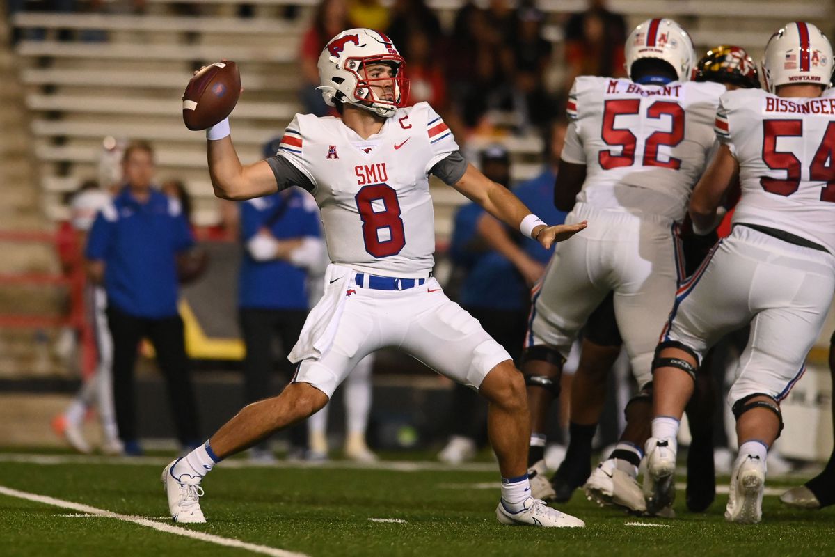 Southern Methodist Mustangs quarterback Tanner Mordecai throws during the first quarter against the Maryland Terrapins at Capital One Field at Maryland Stadium.