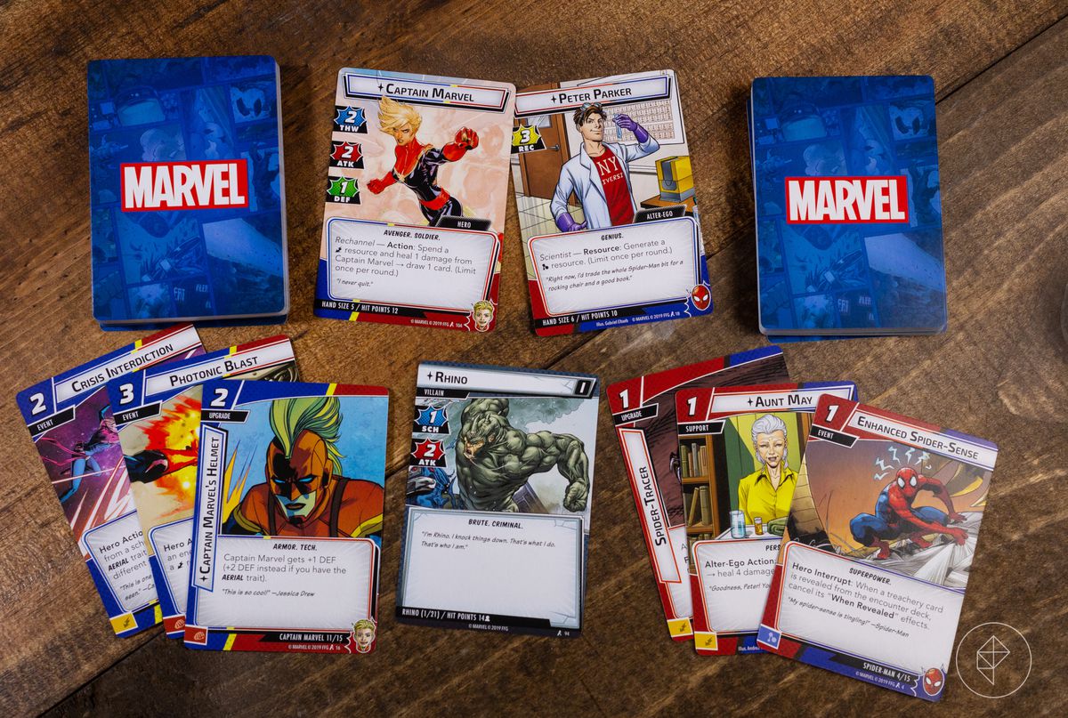 Captain Marvel and Peter Parker take on Rhino in a mock set-up of the cards fropm Marvel Champions.