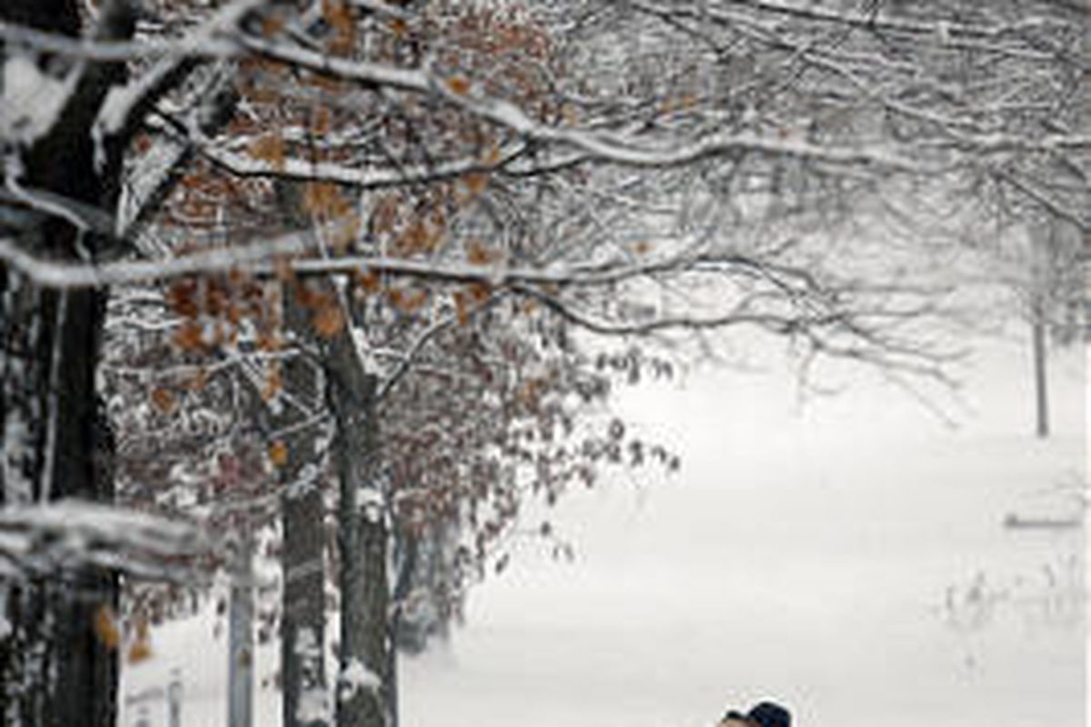 Mike Haas, a retired city firefighter, clears a path through the snow as he shovels a walk along Eastern Pkwy, in Louisville, Ky. on Monday.