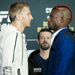 Dan Hooker and Marc Diakiese face off at UFC 219 media day Thursday at T-Mobile Arena in Las Vegas.