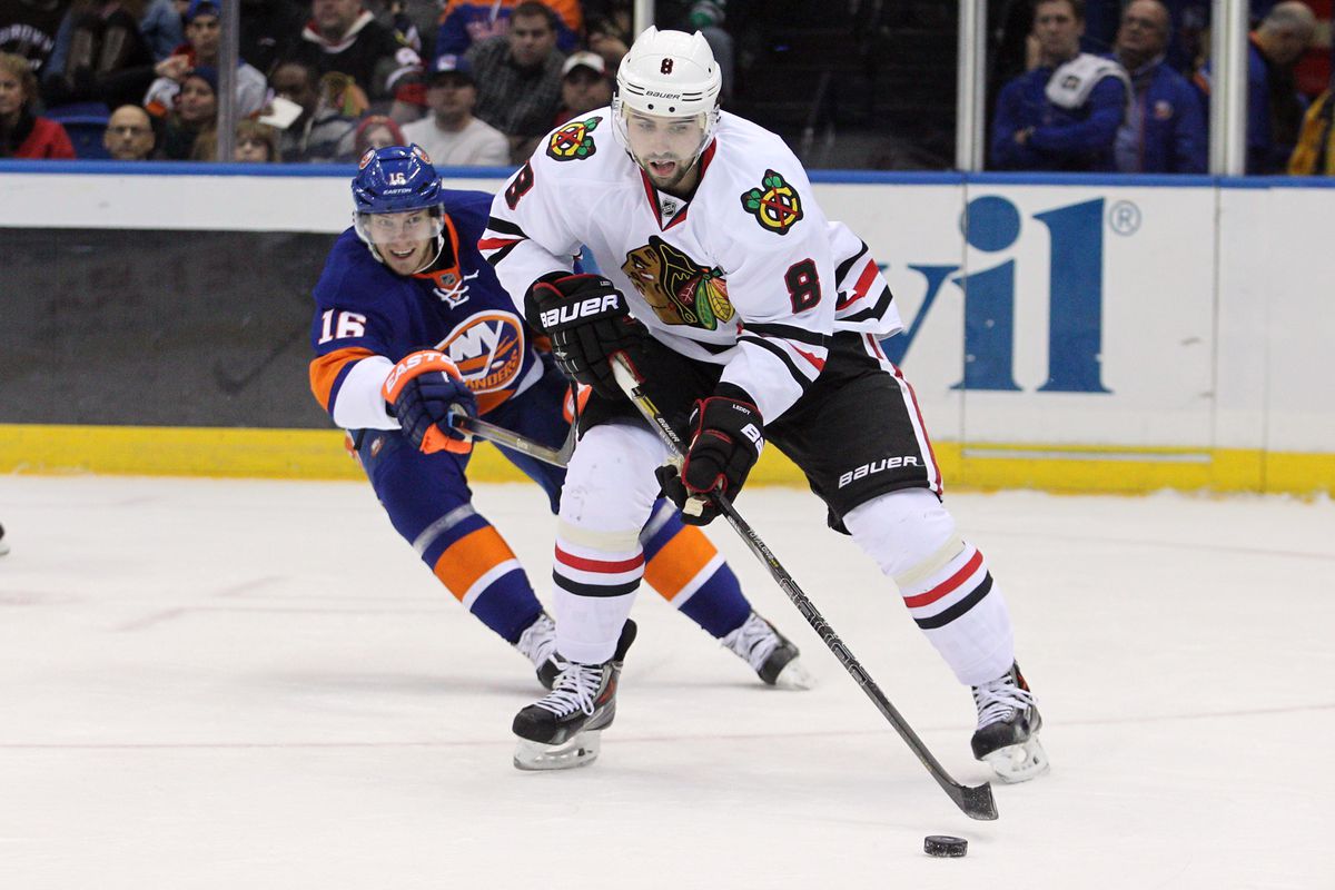 Nick Leddy, right, will wear the orange and blue tonight when the Blackhawks take the ice at the Nassau Coliseum.