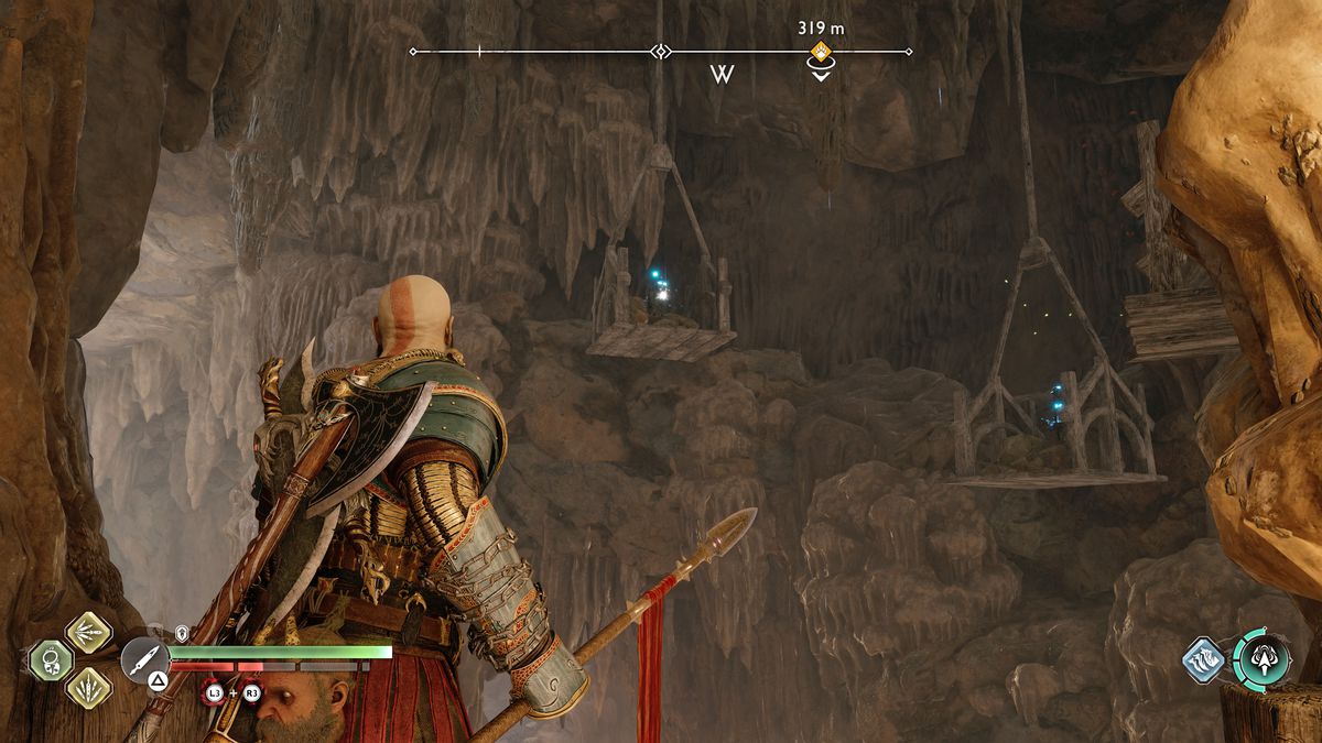 Kratos takes aim at a totem in God of War Ragnarok