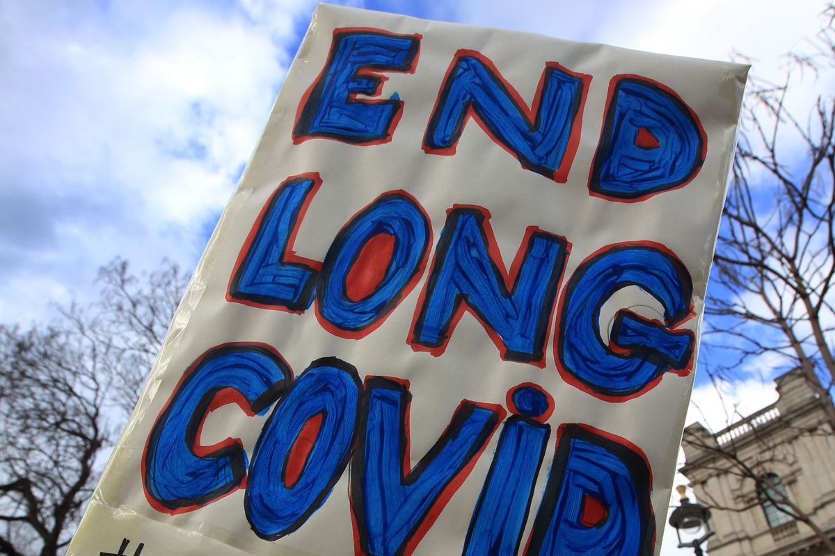 A hand-lettered sign reads “End long Covid #research long covid.”