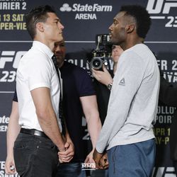 Alan Jouban and Dwight Grant square off at UFC 236 media day.