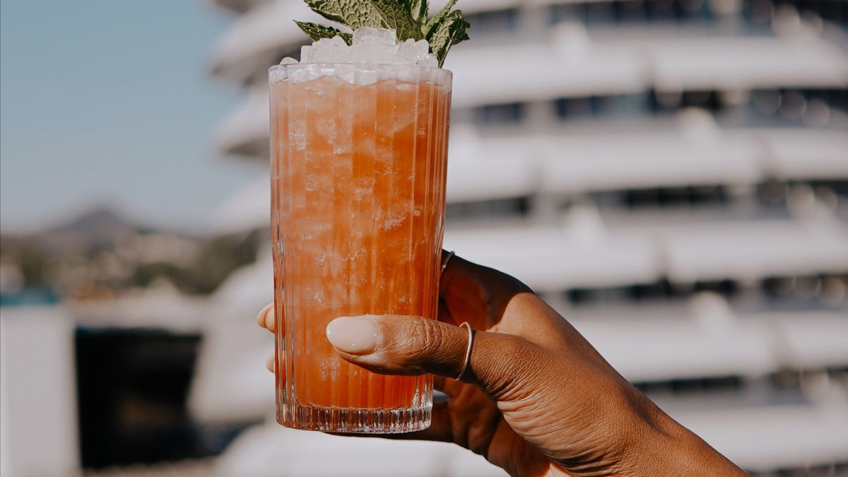 A cocktail at the Lemon Grove rooftop restaurant overlooking the Capitol Records Building.