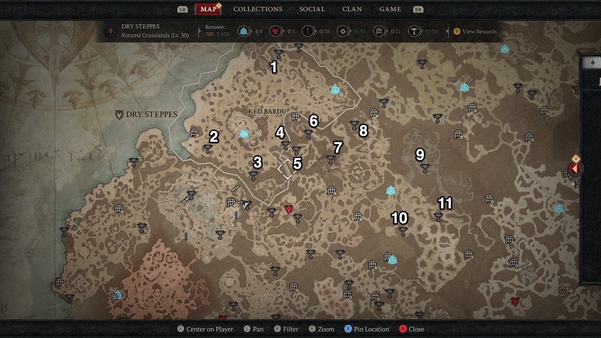 A numbered map of the northern Dry Steppes that calls out the location of 11 Altars of Lilith in Diablo 4