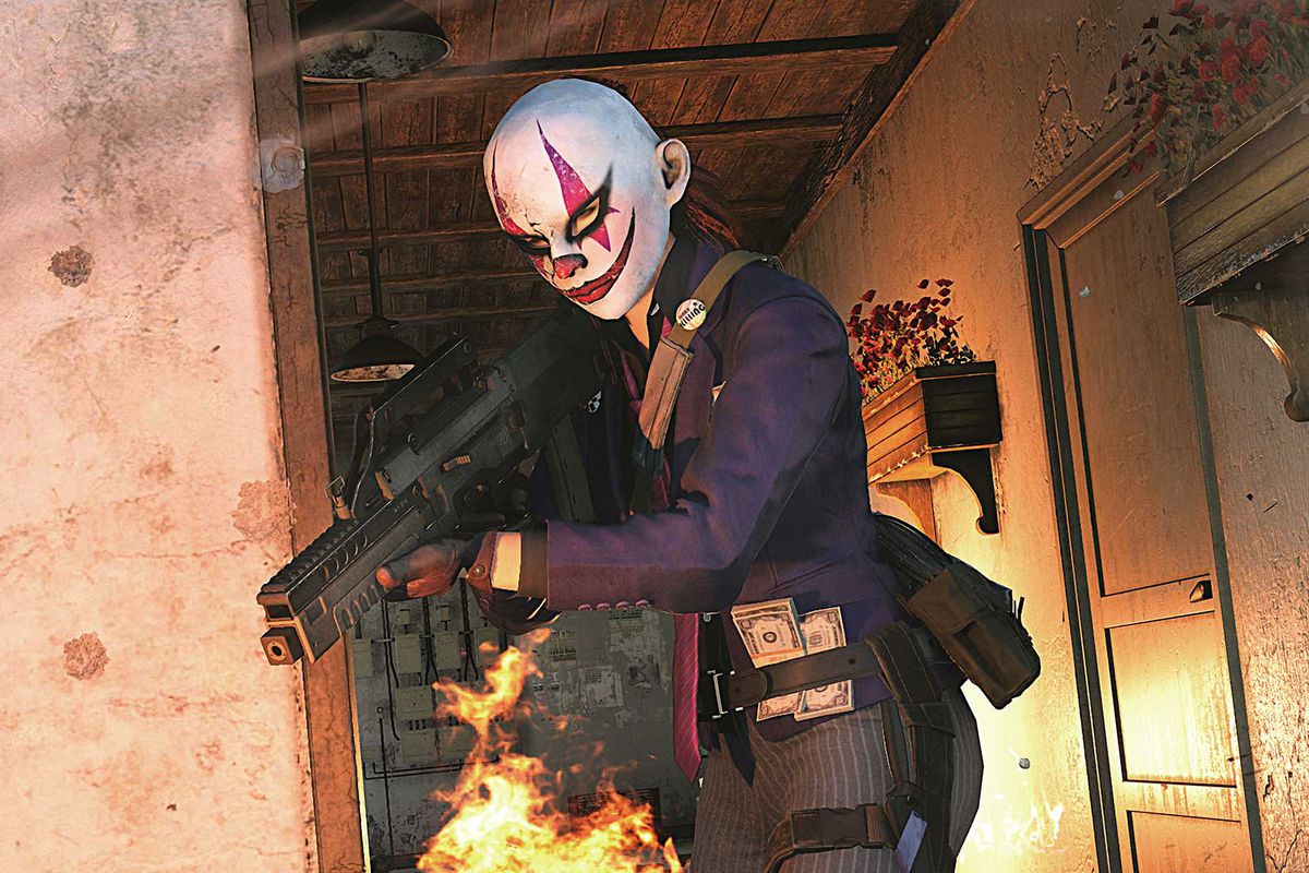 A Call of Duty: Black Ops Cold War player carrying the CARV.2 tactical rifle and wearing a clown mask