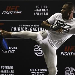 Alex Oliveira throws kicks at the UFC on FOX 29 open workouts Wednesday inside Gila Rivera Arena in Glendale, Ariz.