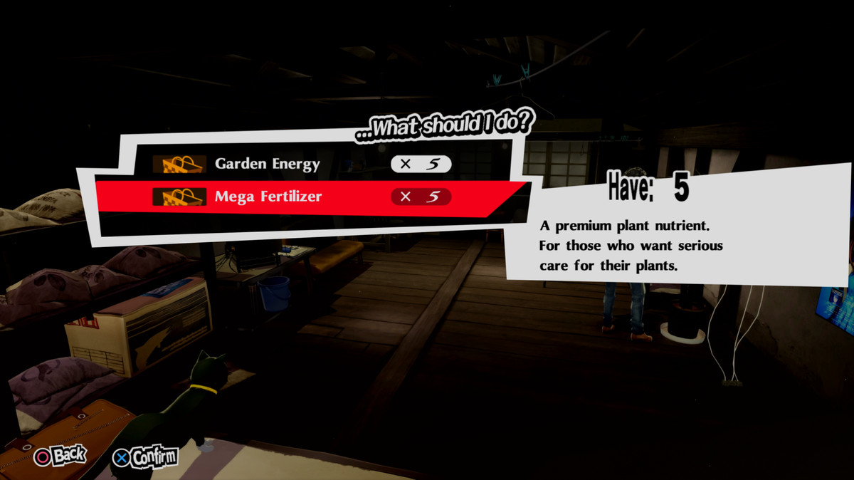 A menu prompt asking what you want to feed your plant: Garden Energy or Mega Fertilizer 