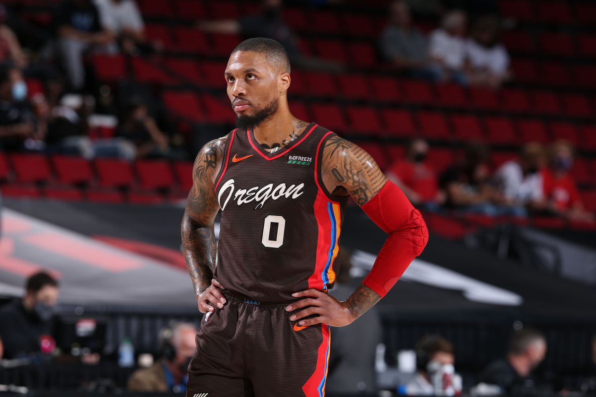 Damian Lillard of the Portland Trail Blazers looks on during the game against the Denver Nuggets on June 3, 2021 at the Moda Center Arena in Portland, Oregon.&nbsp;