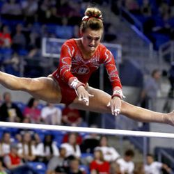 Utah's Tiffani Lewis competes on the uneven parallel bars during the NCAA women's gymnastics championships Friday, April 14, 2017, in St. Louis. (AP Photo/Jeff Roberson)