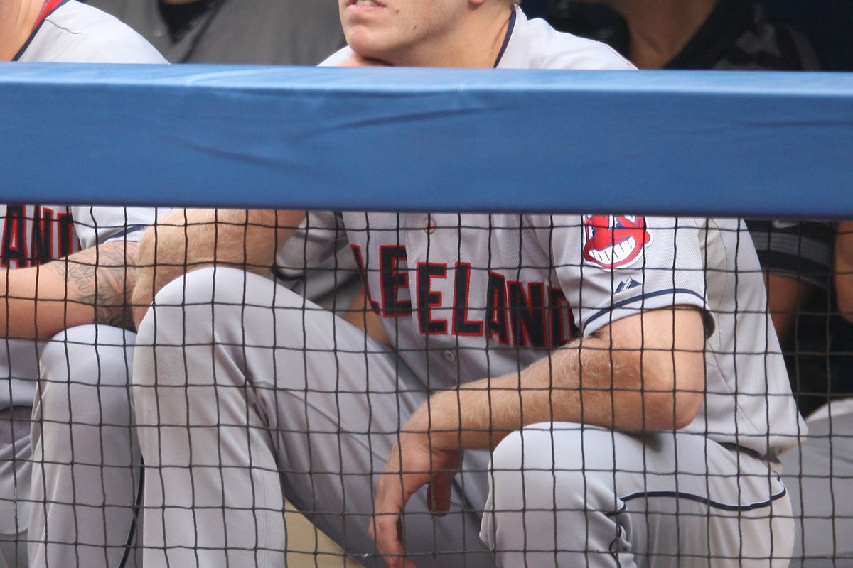 Jul 13, 2012; Toronto, ON, Canada; Cleveland Indians outfielder Shelley Duncan (47) looks on from the dugout against the Toronto Blue Jays at the Rogers Centre. The Indians beat the Blue Jays 1-0. Mandatory Credit: Tom Szczerbowski-US PRESSWIRE