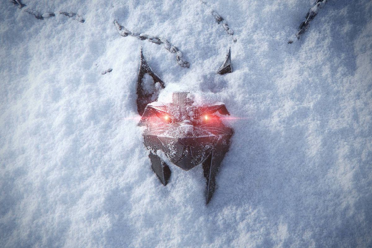 A lynx-shaped Witcher medallion with glowing red eyes lying on snow
