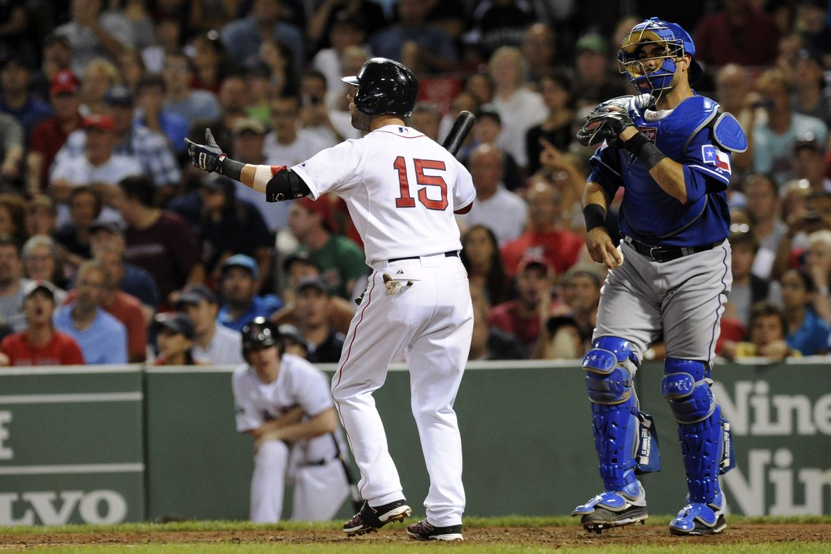 August 7, 2012; Boston, MA, USA; Boston Red Sox second baseman Dustin Pedroia (15) objects to being called a leprechaun, prefers to be called a gnome in 8th inning at Fenway Park. Mandatory Credit: Bob DeChiara-US PRESSWIRE