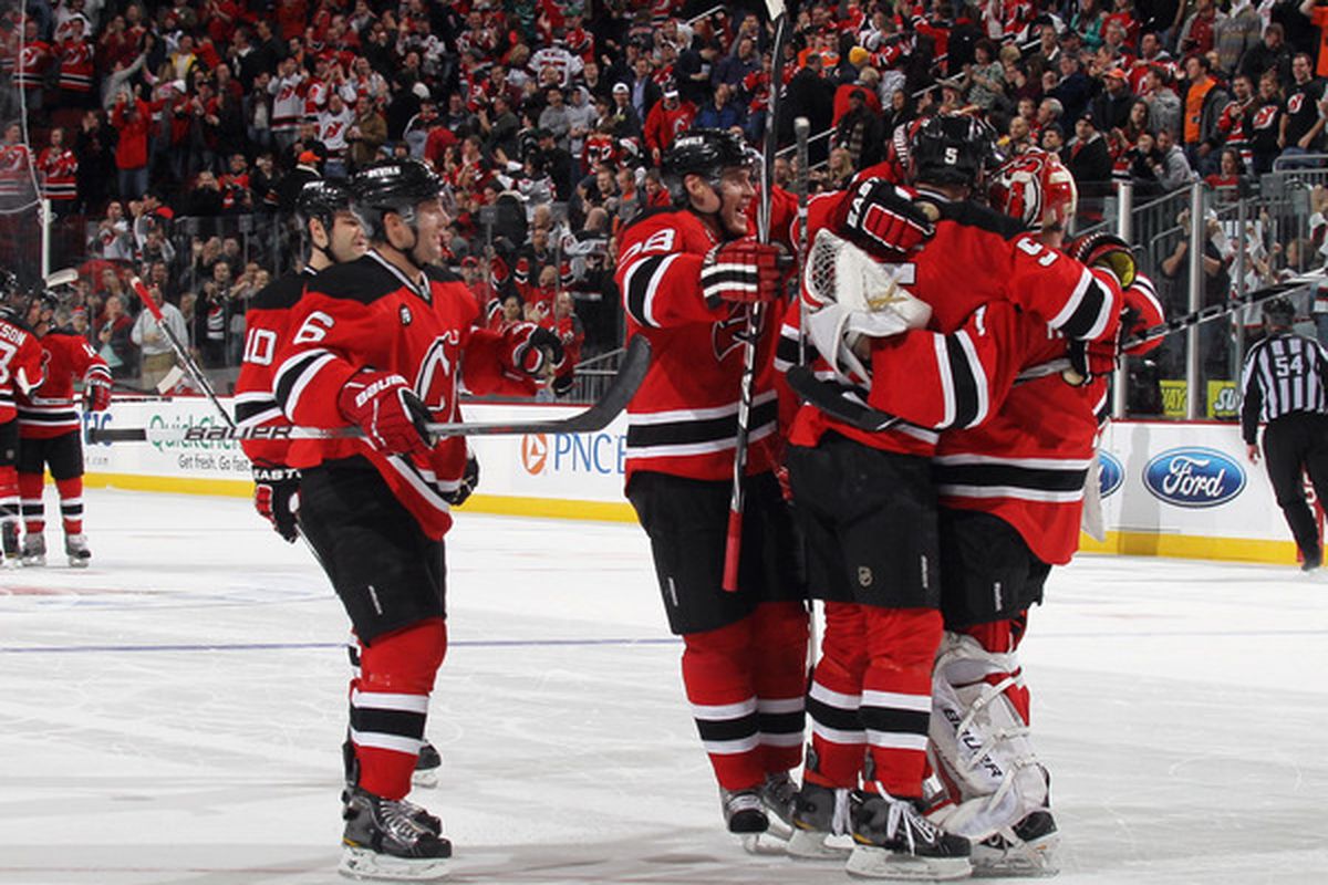 The New Jersey Devils will play 8 home games in December.  Will we see many celebratory scenes like this one?  (Photo by Bruce Bennett/Getty Images)