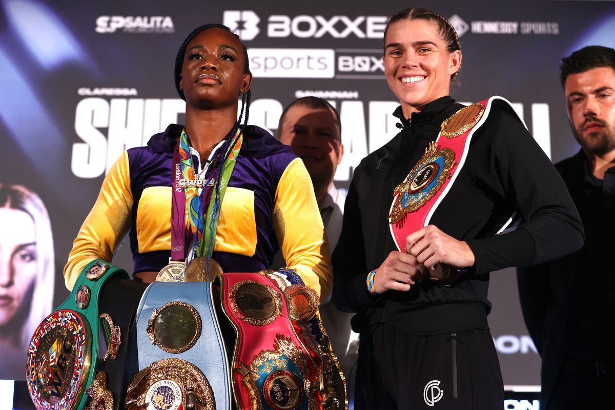 Claressa Shields (L) and Savannah Marshall (R) pose during the press conference ahead of their undisputed middleweight championship fight at Canary Riverside Plaza Hotel on September 08, 2022 in London, England.