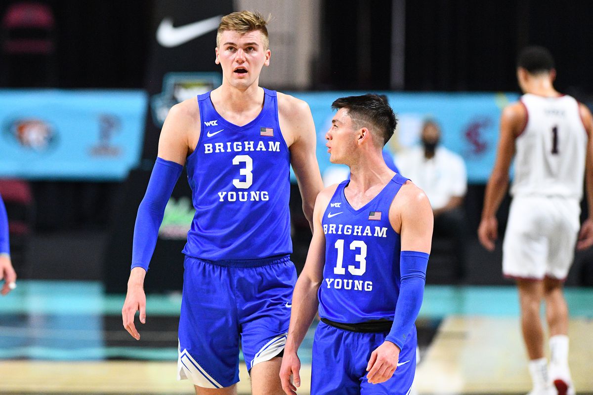BYU forward Matt Haarms (3) and BYU guard Alex Barcello (13) look on during the championship game of the men’s West Coast Conference basketball tournament between the BYU Cougars and the Gonzaga Bulldogs on March 9, 2021, at the Orleans Arena in Las Vegas, NV.