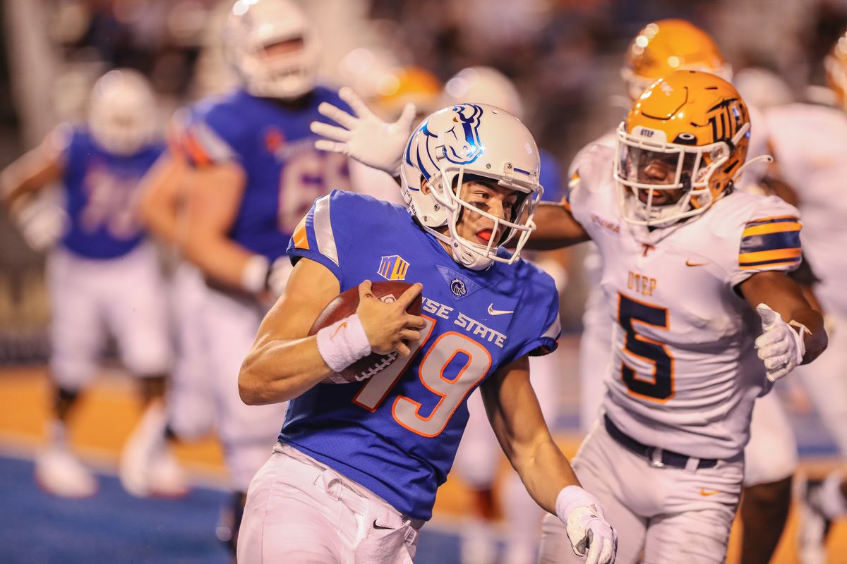 Quarterback Hank Bachmeier #19 of the Boise State Broncos scrambles for extra yards during the second half against the UTEP Miners at Albertsons Stadium on September 10, 2021 in Boise, Idaho. Boise State won the game 54-13.