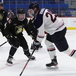 The Army Black Knights take on the UConn Huskies in a men’s college hockey game at the XL Center in Hartford, CT on October 11, 2019.