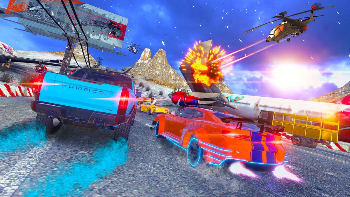 A helicopter attacks cars in Cruis’n Blast