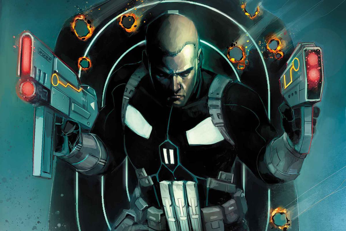 Joe Garrison, former SHIELD agent, dual weilds laser pistols as the new Punisher in Marvel Comics promotional art.