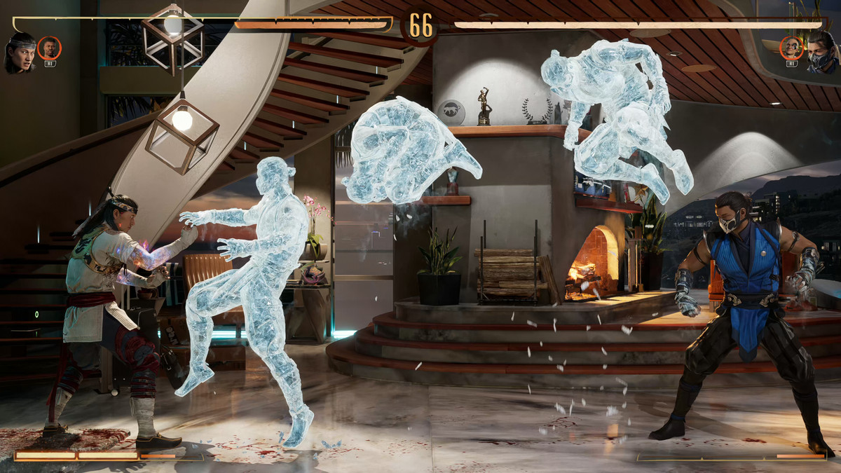 Sub-Zero using and ice attack that leaves an icey shadow of where he flipped and jumped in Mortal Kombat 1. 