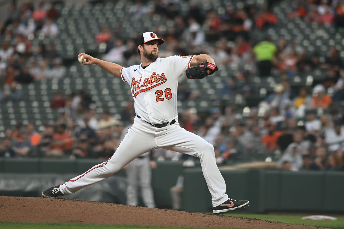 Baltimore Orioles starting pitcher Jordan Lyles (28) delivers a second inning pitch against the New York Yankees at Oriole Park at Camden Yards.&nbsp;