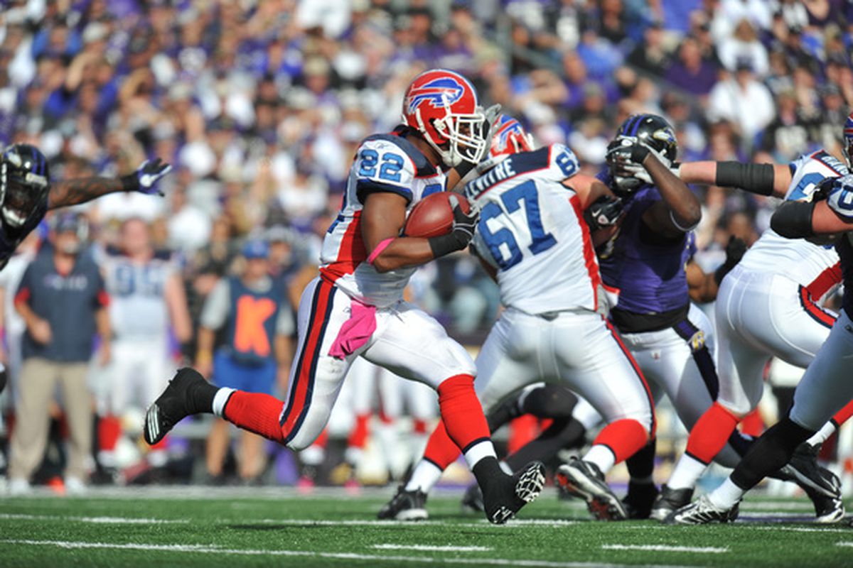 BALTIMORE MD - OCTOBER 24:  Fred Jackson #22 of the Buffalo Bills runs the ball against the Baltimore Ravens at M&T Bank Stadium on October 24 2010 in Baltimore Maryland. The Ravens defeated the Bills 37-34. (Photo by Larry French/Getty Images)