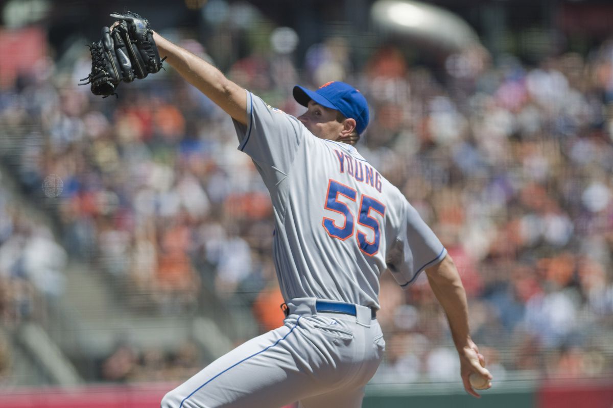 Aug 2, 2012; San Francisco, CA, USA; New York Mets starting pitcher Chris Young (55) pitches against the San Francisco Giants during the seventh inning at AT&T Park.  Mandatory Credit: Ed Szczepanski-US PRESSWIRE
