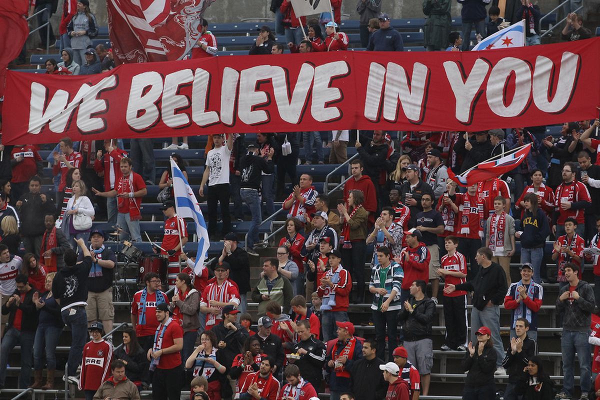 BRIDGEVIEW, IL - MAY 28: Fans of the Chicago Fire hold a sign during an MLS match against the San Jose Earthquakes at Toyota Park on May 28, 2011 in Bridgeview, Illinois. The Fire and the Earthquakes tied 2-2. (Photo by Jonathan Daniel/Getty Images)