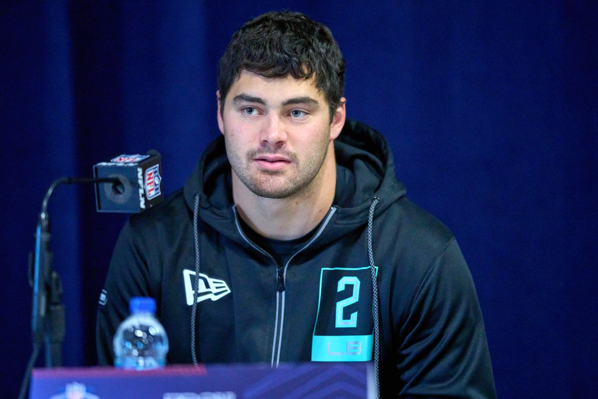 &nbsp;Montana State linebacker Troy Andersen answers questions from the media during the NFL Scouting Combine on March 4, 2022, at the Indiana Convention Center in Indianapolis, IN.