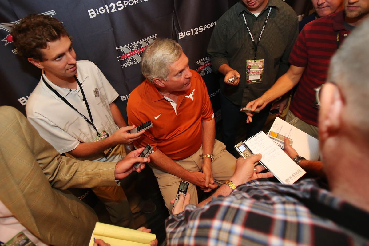 Jul 24, 2012; Dallas, TX, USA; Texas Longhorns head coach Mack Brown speaks to reporters during Big 12 Media Day at the Westin Galleria.  Mandatory Credit: Kevin Jairaj-US PRESSWIRE