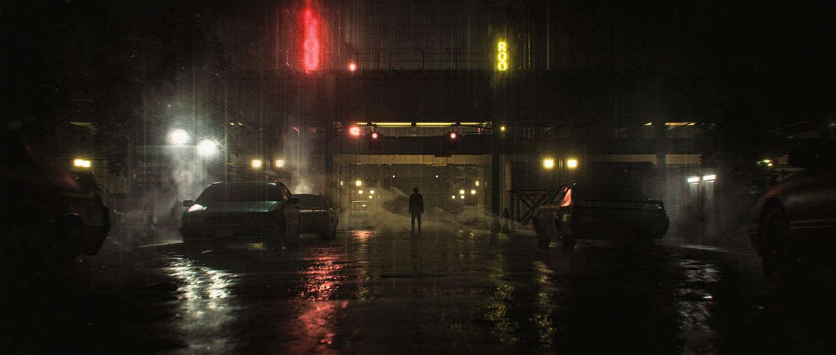 A zoomed-out street scene shows Alan Wake standing in the rain