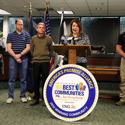 South Salt Lake Mayor Cherie Wood talks about Salt Lake County Mayor Ben McAdams' recommendation that a third homeless resource center be built in her city during a press conference at South Salt Lake City Hall on Friday, March 21, 2017.