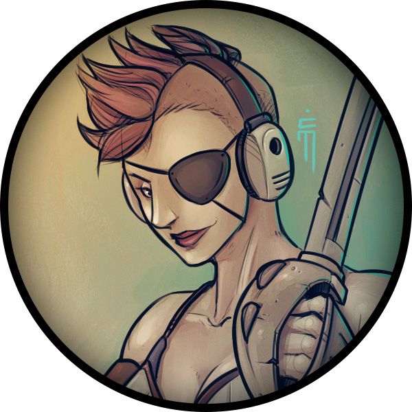A character token showing a woman wearing an eyepatch and earpro. She’s holding a saber.
