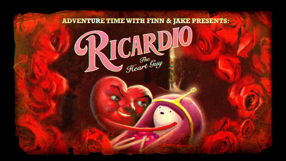 The title card for “Ricardio the Heart Guy.” Ricardio, who is a gross looking anatomical heart with arms and legs, caresses Princess Bubblegum’s face. 